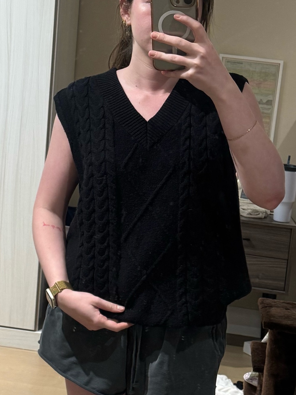 Black Cable-Knit V-Neck Sleeveless Sweater Vest